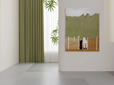 Abstract Painting With Green Field Wooden Fence Two Figures And Horse 3d model