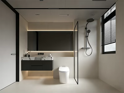 Modern Bathroom Interior Design With Wall Mounted Sink Vanity Large Mirror Toilet And Shower Area 3d model