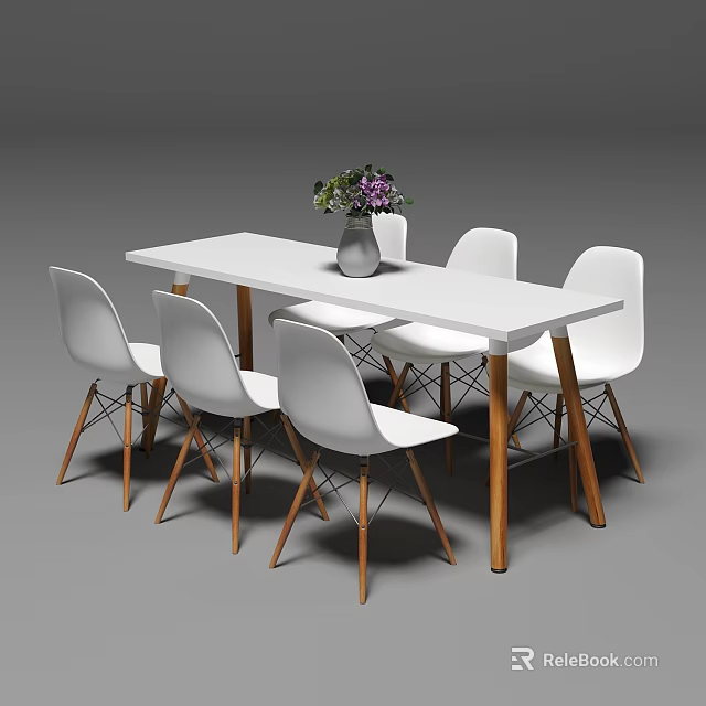 White Dining Table With Six White Chairs Wooden Legs And Vase Purple Flowers 3d model 