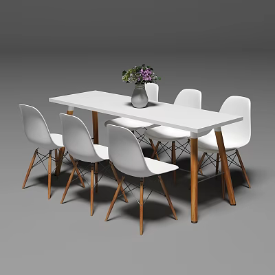 White Dining Table With Six White Chairs Wooden Legs And Vase Purple Flowers 3d model