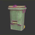 Green Metal Trash Bin With Lid Worn Surface And Rolling Wheels