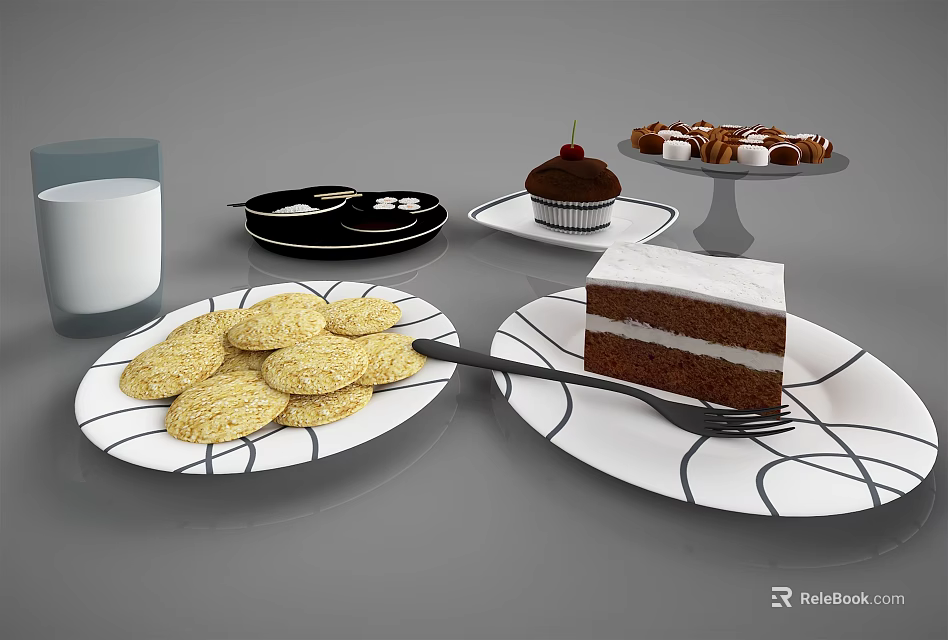Assorted Delicious Food Including Cookies Cake Slice Cupcake And Chocolate Rolls With Milk 3d model 
