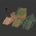 Wooden Pallets Stacked And Scattered With Silhouette Figure Standing Next To
