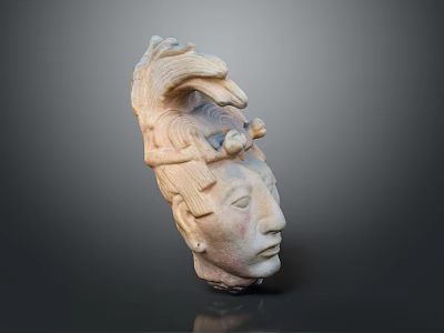 Man Head Sculpture Featuring Intricate Bird Ornament and Artistic Carved Details 3d model
