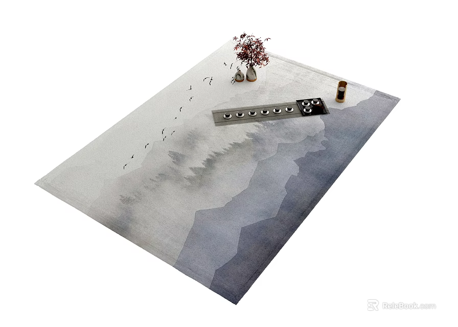 Artistic Watercolor Square Rug Featuring Mountain Landscape Pattern With Decorative Vase Flowers And Candle 3d model 