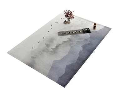 Artistic Watercolor Square Rug Featuring Mountain Landscape Pattern With Decorative Vase Flowers And Candle 3d model