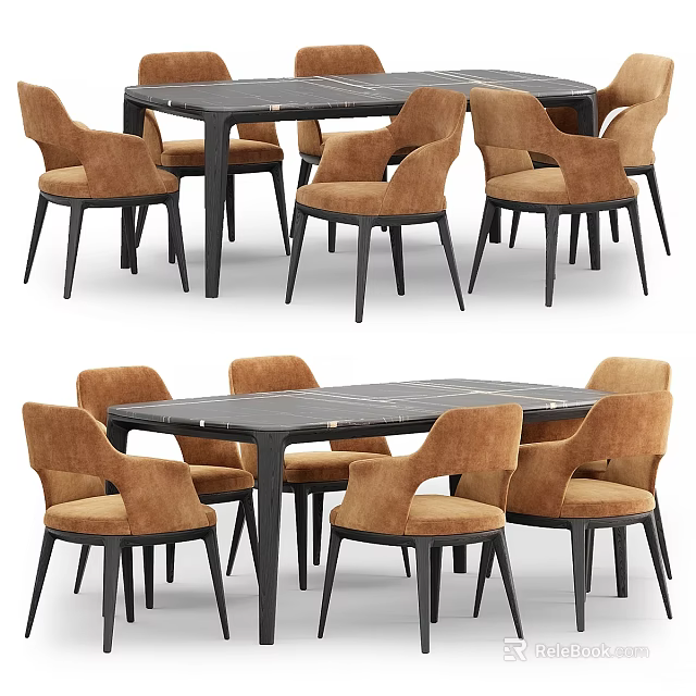 Modern Dining Table Set With Black Marble Top And Brown Upholstered Chairs 3d model