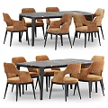 Modern Dining Table Set With Black Marble Top And Brown Upholstered Chairs 3d model