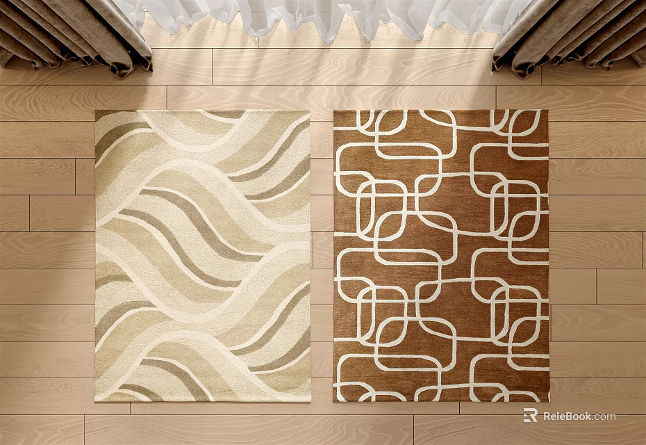 Square Rugs With Wavy Pattern And Geometric Line Design On Wooden Floor 3d model