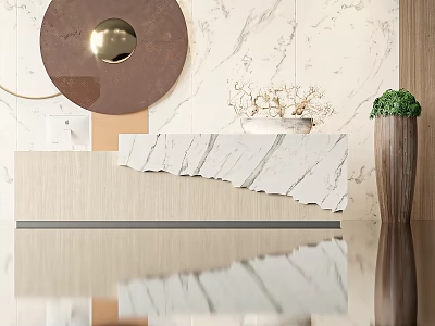 Modern Reception Desk Area With Marble Countertop Wooden Elements Decorative Mirror And Green Plant 3d model