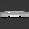 White Compact Electronic Device With Circular Design Slot And Blue Button Interface