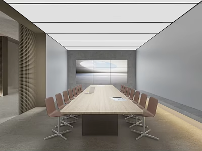 Modern Meeting Room Interior With Long Wooden Table Chairs Large Window And Ceiling Lighting 3d model