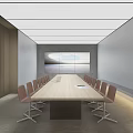 Modern Meeting Room Interior With Long Wooden Table Chairs Large Window And Ceiling Lighting