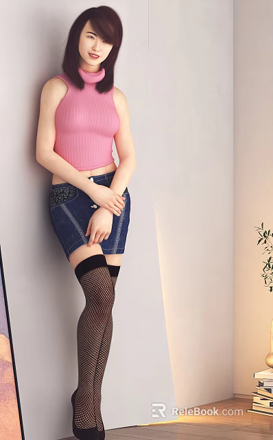 Woman in pink top and denim skirt leaning against wall with black fishnet stockings 3d model 