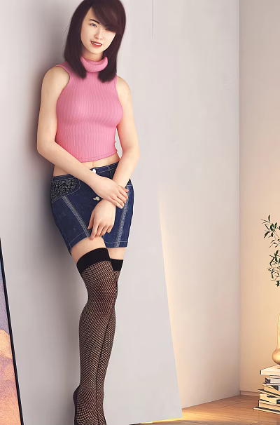 Woman in pink top and denim skirt leaning against wall with black fishnet stockings 3d model
