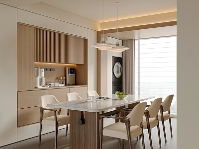 Modern Restaurant Interior With Open Layout Wooden Cabinets Marble Dining Table And Hanging Lights 3d model