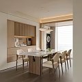 Modern Restaurant Interior With Open Layout Wooden Cabinets Marble Dining Table And Hanging Lights