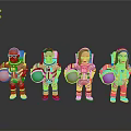 Four Game Movie Characters in Astronaut Suits as Figurines Holding Blue Spheres with Different Features