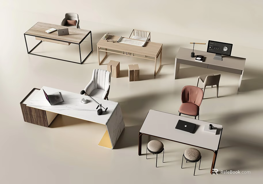 Modern Desks With Various Designs Matching Chairs And Office Accessories 3d model 