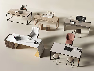 Modern Desks With Various Designs Matching Chairs And Office Accessories 3d model