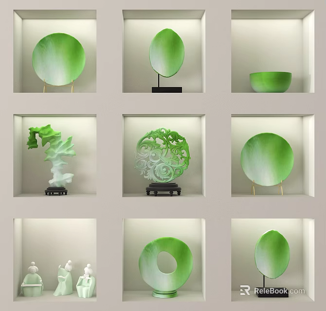 Green Jade Ornaments And Carvings Displayed In Wall Niches With Various Shapes 3d model 