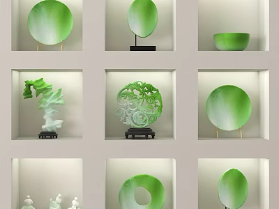 Green Jade Ornaments And Carvings Displayed In Wall Niches With Various Shapes 3d model