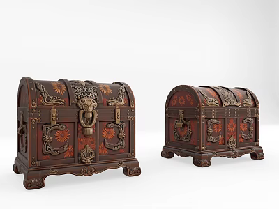Two Vintage Decorative Wooden Chests With Carved Patterns And Metal Hardware 3d model