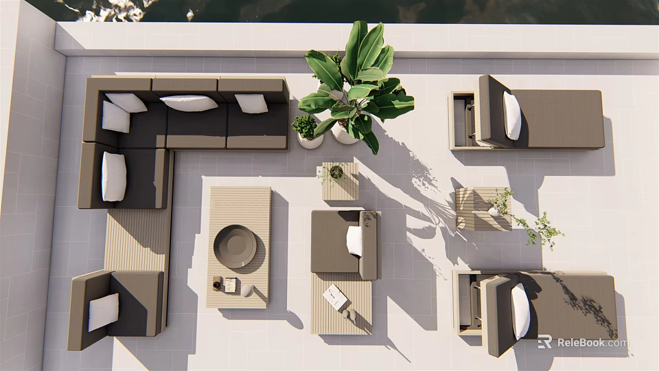 Modern Outdoor Sofa Set With Green Plant And Patio Lounge Chairs 3d model 