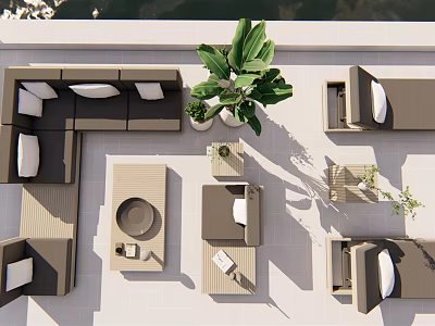 Modern Outdoor Sofa Set With Green Plant And Patio Lounge Chairs 3d model