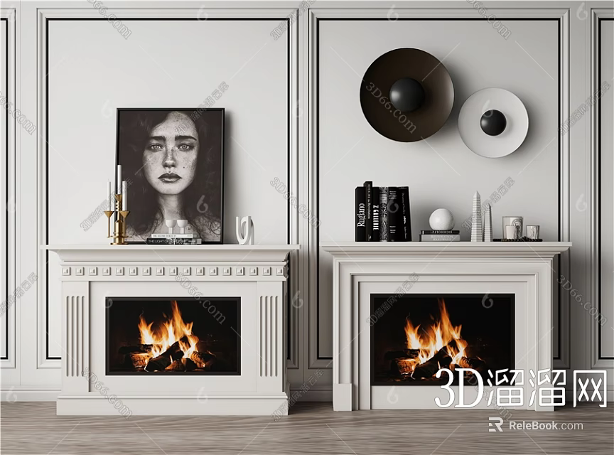 Two White Fireplaces With Burning Flames And Decorative Artwork On Paneled Walls 3d model 