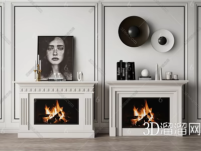 Two White Fireplaces With Burning Flames And Decorative Artwork On Paneled Walls 3d model