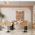 Modern Restaurant Interior With Golden Chairs Round Dining Table Decorative Wall And Pendant Light