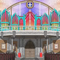 Ancient Church Architecture Interior With Stained Glass Windows And Altar Pews