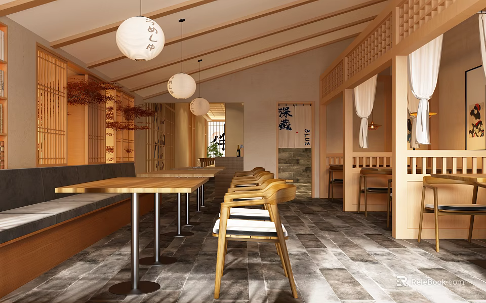Traditional Japanese Restaurant Interior With Wooden Tables Chairs And White Pendant Lights 3d model