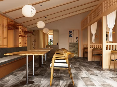 Traditional Japanese Restaurant Interior With Wooden Tables Chairs And White Pendant Lights 3d model