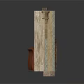 Vintage Room Scene Component With Stone Walls Patterned Wallpaper Green Curtains And Wooden Cabinet