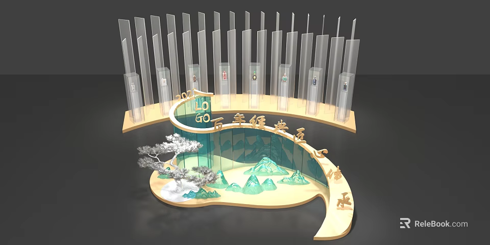 Artistic Decorative Display Featuring Transparent Columns Green Mountain Shapes And Wooden Base 3d model 