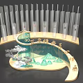 Artistic Decorative Display Featuring Transparent Columns Green Mountain Shapes And Wooden Base