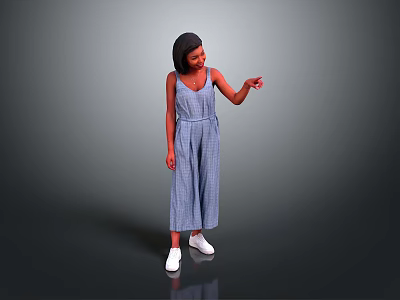A woman in blue checkered jumpsuit pointing against gray background with white shoes 3d model