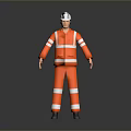 Man Wearing Orange Work Uniform With Reflective Stripes And White Safety Helmet Standing On Gray Background