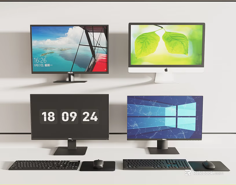Four Computer Monitors Featuring Scenic View Leaf Design Date And Windows Interface With Keyboards Mice 3d model