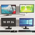 Four Computer Monitors Featuring Scenic View Leaf Design Date And Windows Interface With Keyboards Mice 3d model