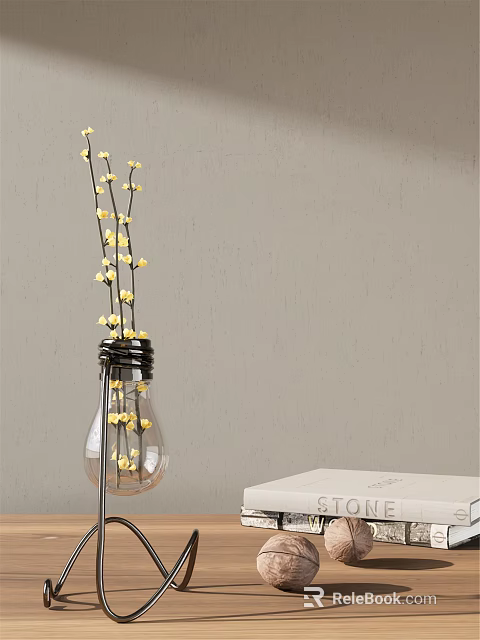 Transparent Light Bulb Shaped Vase With Yellow Flowers And Slender Stems Against Light Gray Wall 3d model 