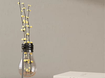 Transparent Light Bulb Shaped Vase With Yellow Flowers And Slender Stems Against Light Gray Wall 3d model