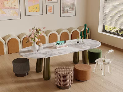 Oval Marble Top Entertainment Table With Colorful Stools Clear Chair Flower Vase And Wall Art 3d model