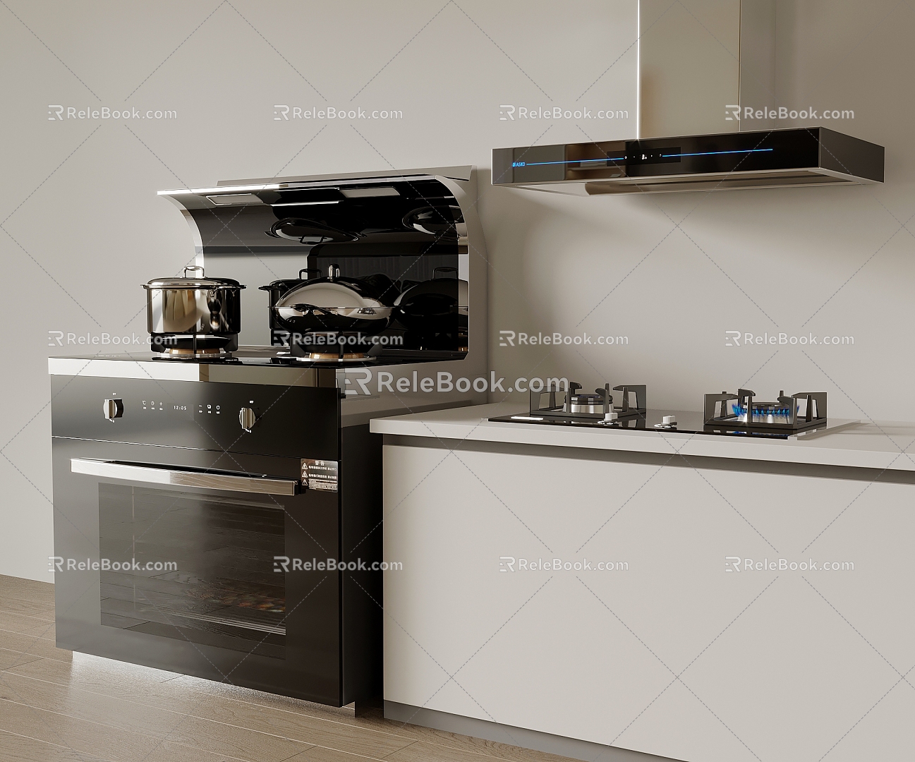 Gas stove range hood integrated kitchen appliances 3d model