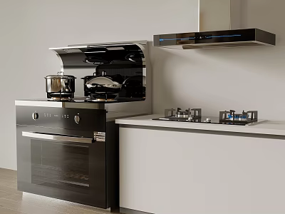 Modern Kitchen Interior Featuring Built in Stove Oven Range Hood And White Cabinets 3d model