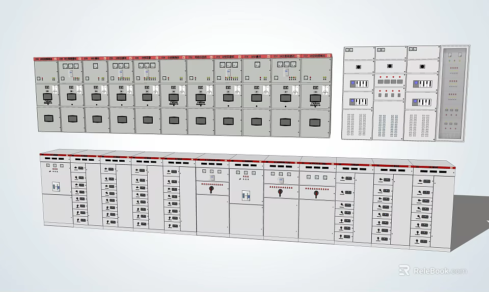Industrial Electrical Control Panels With Circuit Breakers Indicator Lights And Technical Diagrams 3d model 
