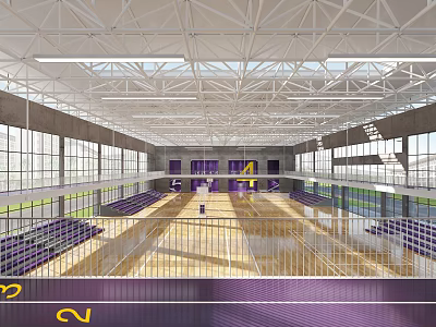 Spacious Indoor Sports Gymnasium with Basketball Court Purple Seating and Modern Steel Structure 3d model