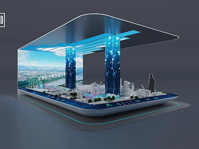Open Interactive Zone Design With City Model Skyscrapers Display Screen And Modern Lighting 3d model
